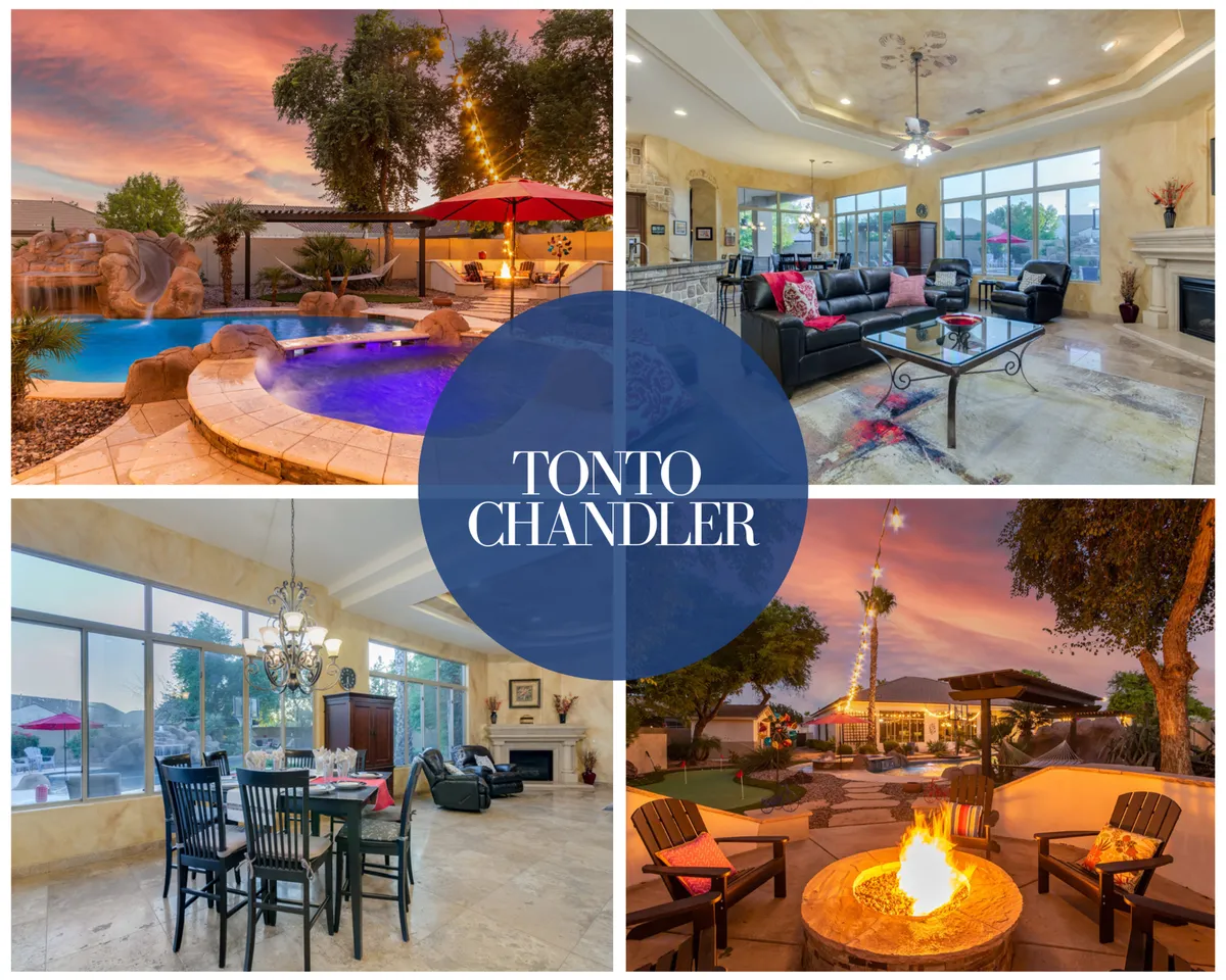 This inviting backyard scene features a gleaming swimming pool, an outdoor seating area, and a cozy fire pit with a dining space nearby. The setting is upscale and welcoming, ideal for gatherings, relaxing by the pool, or dining under the sunset sky.